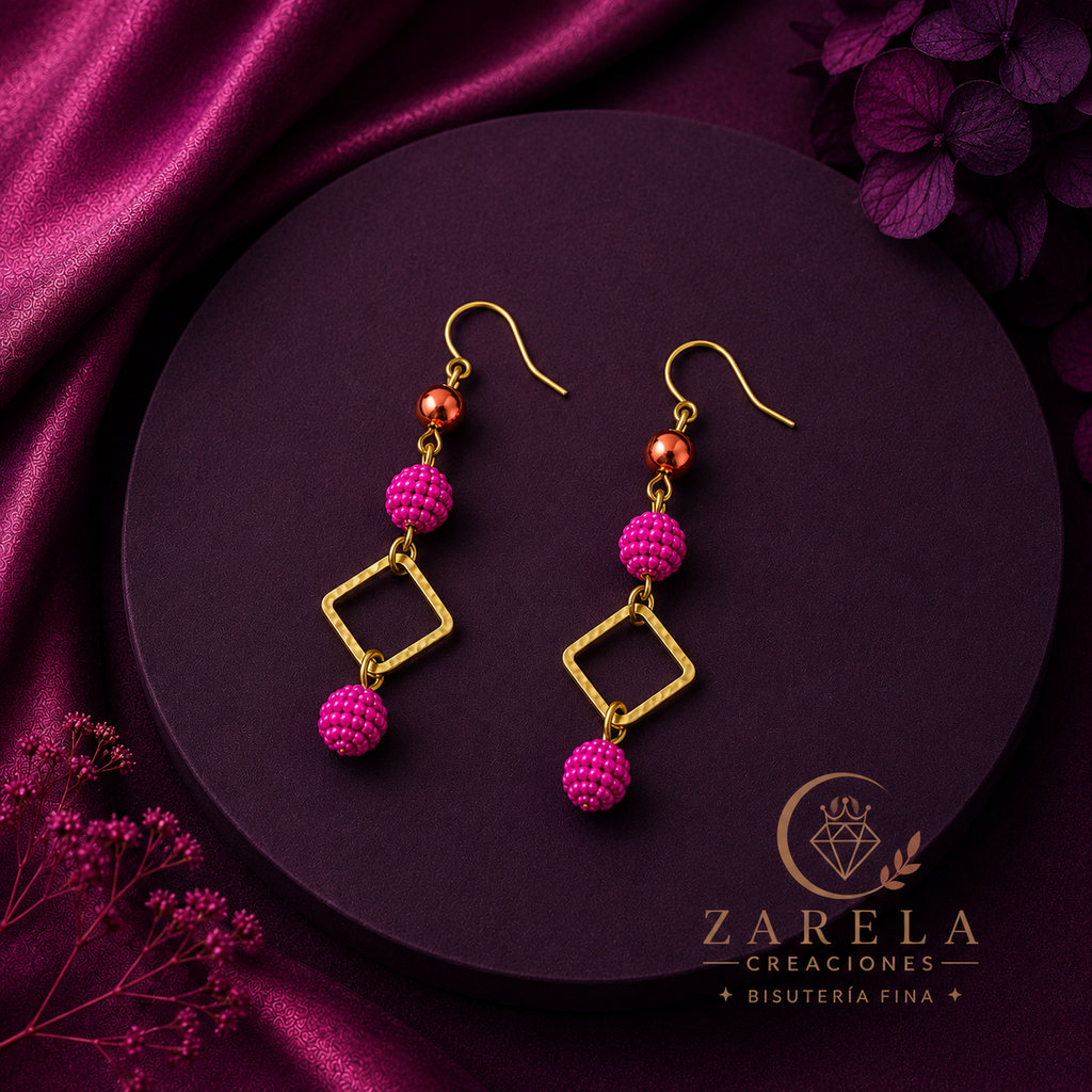 Juego Confessions FUCHSIA GOLDEN | Collar, Pulsera y Aretes | Zarela Creaciones