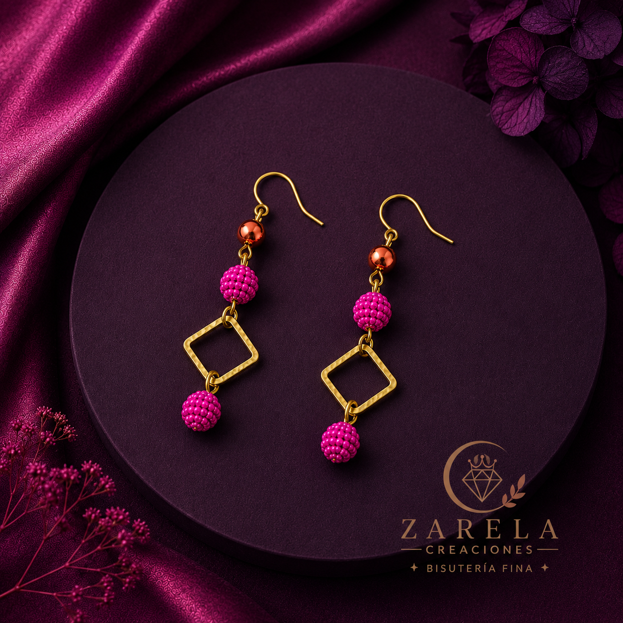 Juego Confessions FUCHSIA GOLDEN | Collar, Pulsera y Aretes | Zarela Creaciones