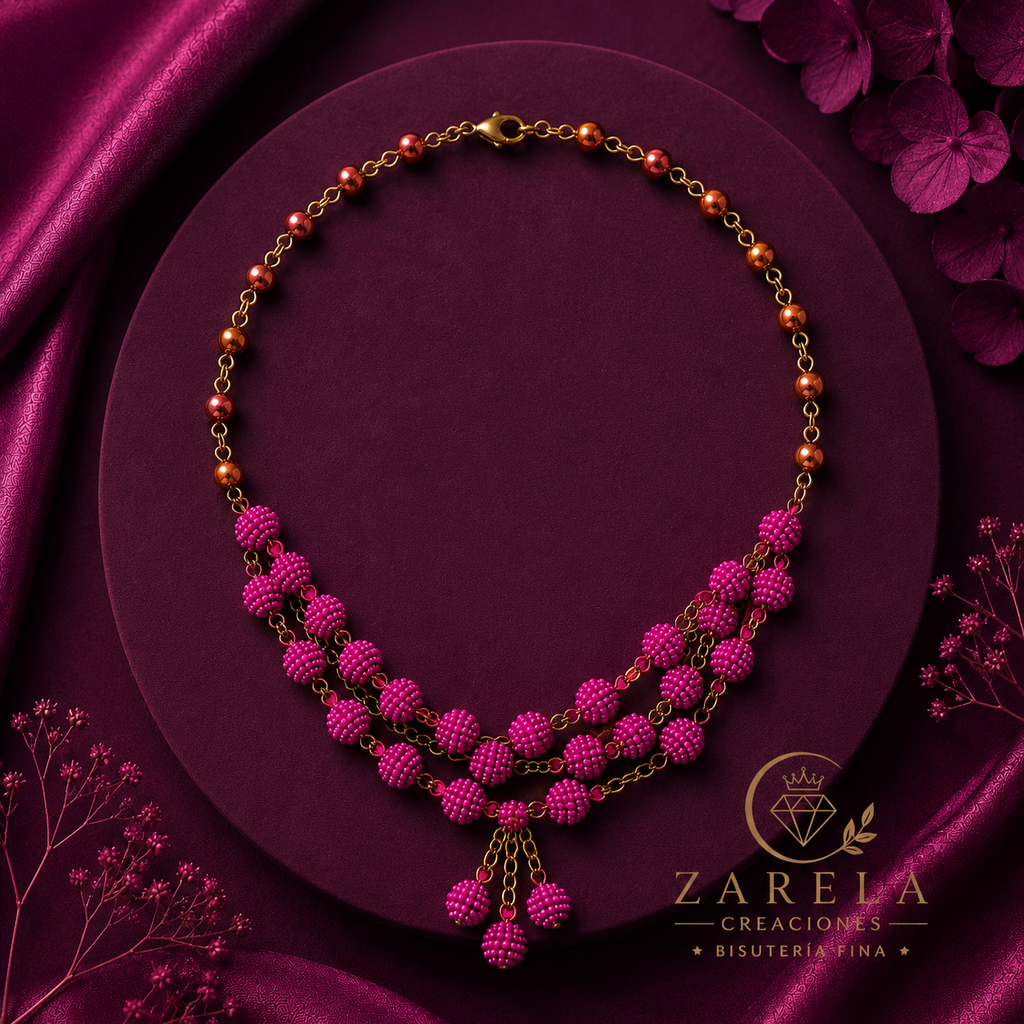 Juego Confessions FUCHSIA GOLDEN | Collar, Pulsera y Aretes | Zarela Creaciones
