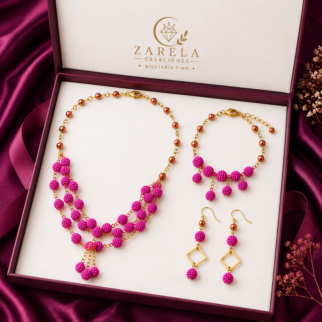 Juego Confessions FUCHSIA GOLDEN | Collar, Pulsera y Aretes | Zarela Creaciones