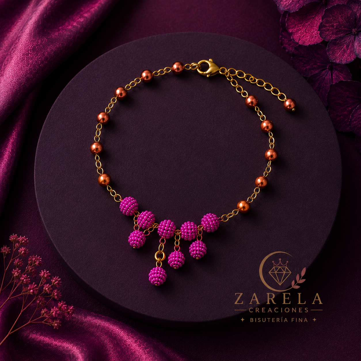 Juego Confessions FUCHSIA GOLDEN | Collar, Pulsera y Aretes | Zarela Creaciones