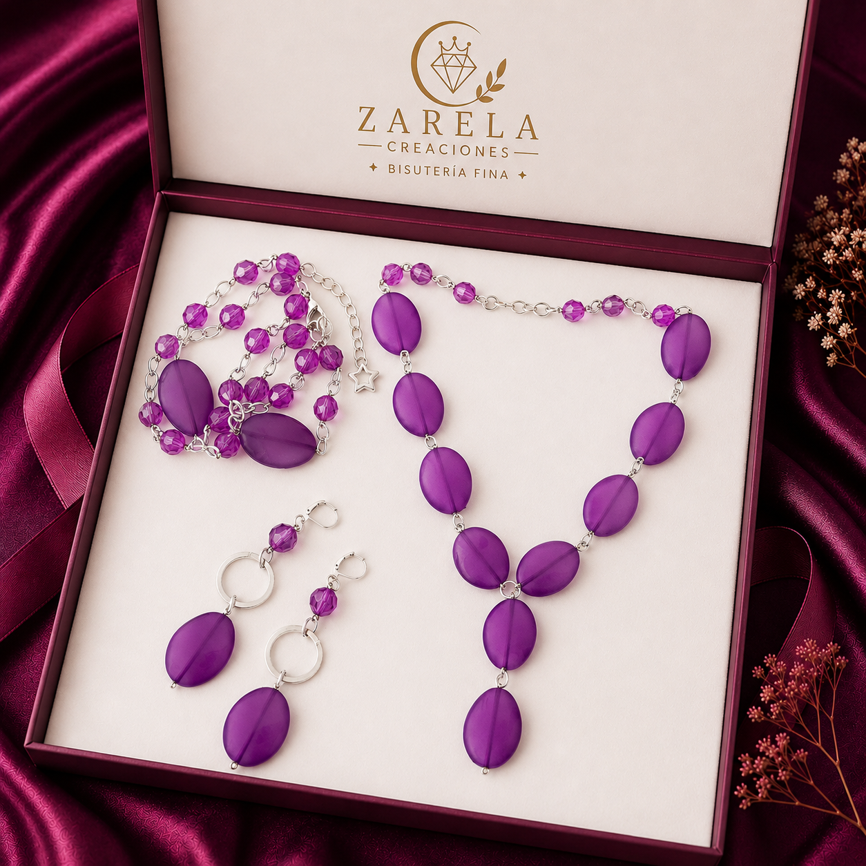 Juego Confessions PURPLE DIAMOND | Collar, Pulsera y Aretes | Zarela Creaciones
