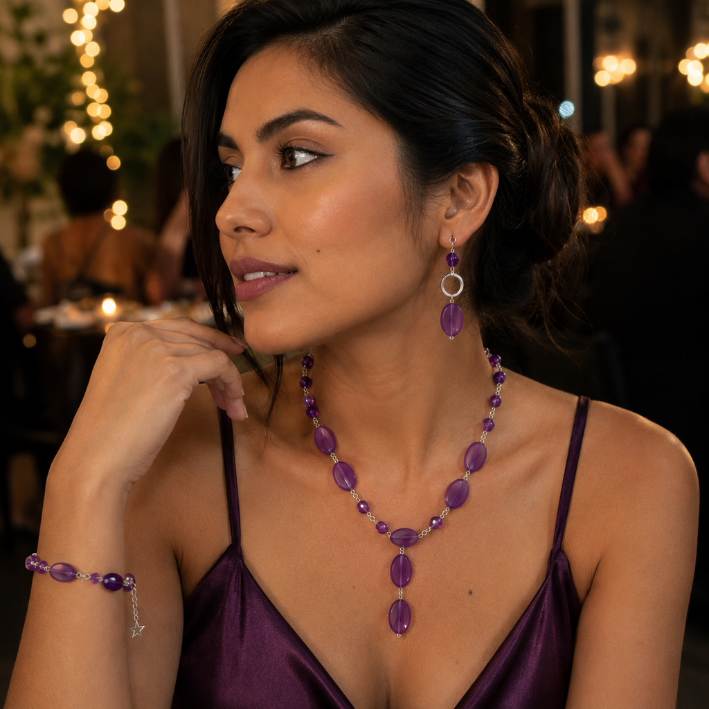 Juego Confessions PURPLE DIAMOND | Collar, Pulsera y Aretes | Zarela Creaciones