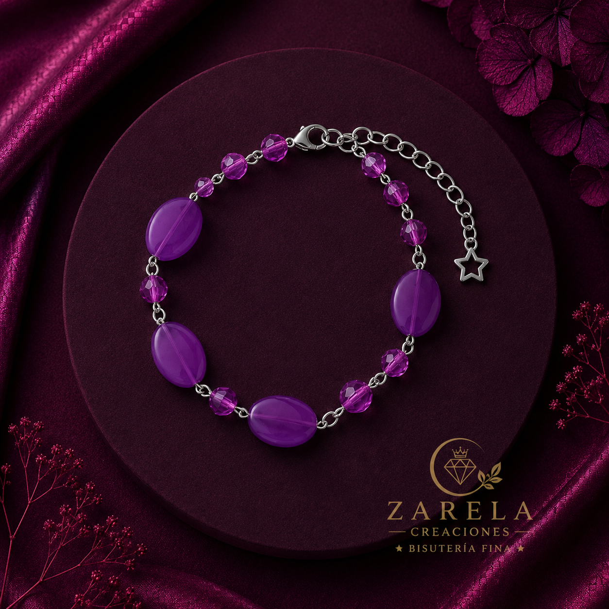 Juego Confessions PURPLE DIAMOND | Collar, Pulsera y Aretes | Zarela Creaciones