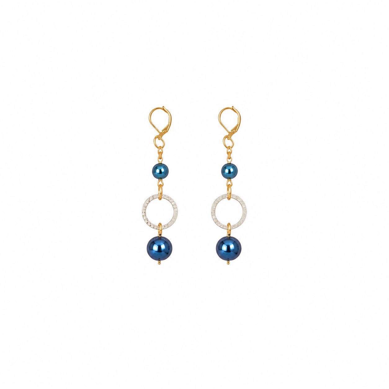 Aretes Blue Golden con Aros Texturizados y Perlas Azul Metálico