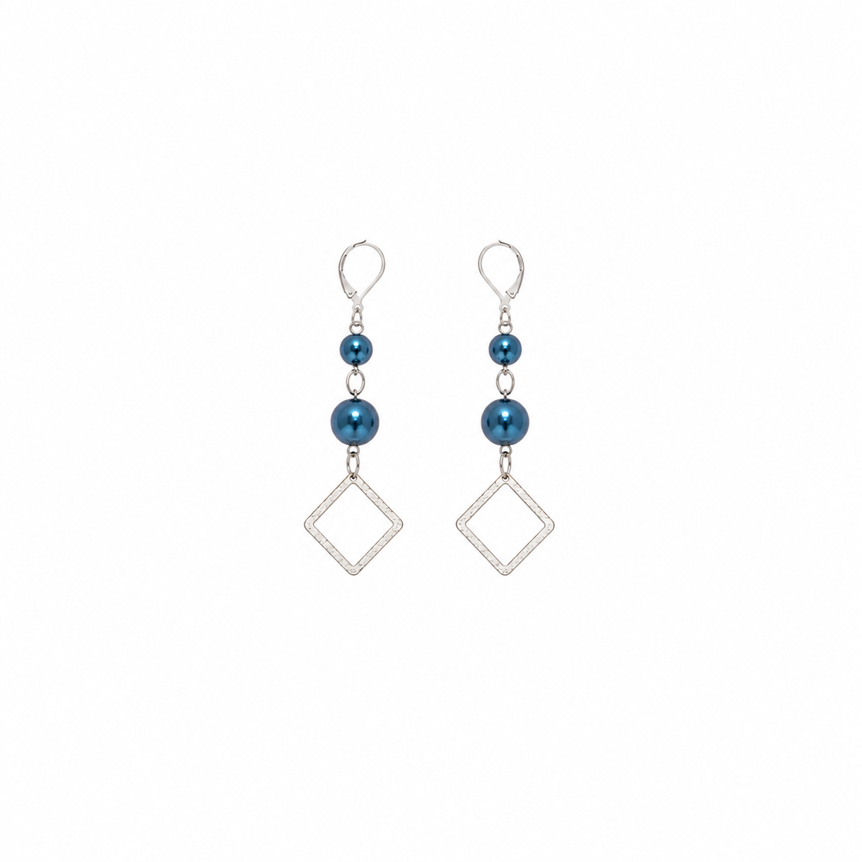 Aretes Blue Pearl con Perlas Azul Metálico y Dije Geométrico