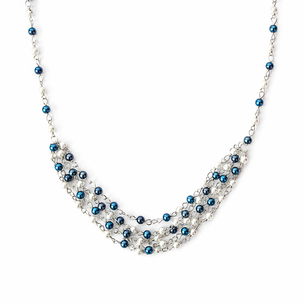 Collar Blue Pearl de Perlas Blancas y Cristales Azules Multicapa