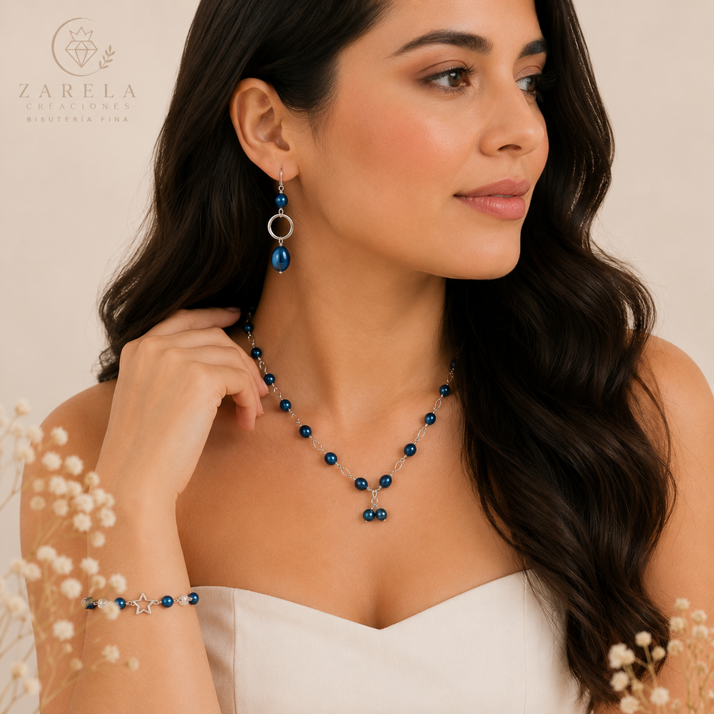 Juego BLUE PLATED | Collar, Pulsera y Aretes | Zarela Creaciones