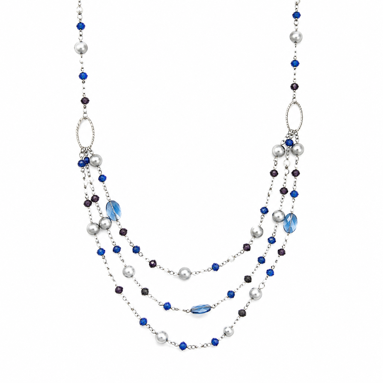 Collar Bright Color de Cristales Facetados y Perlas Plateadas Multicapa