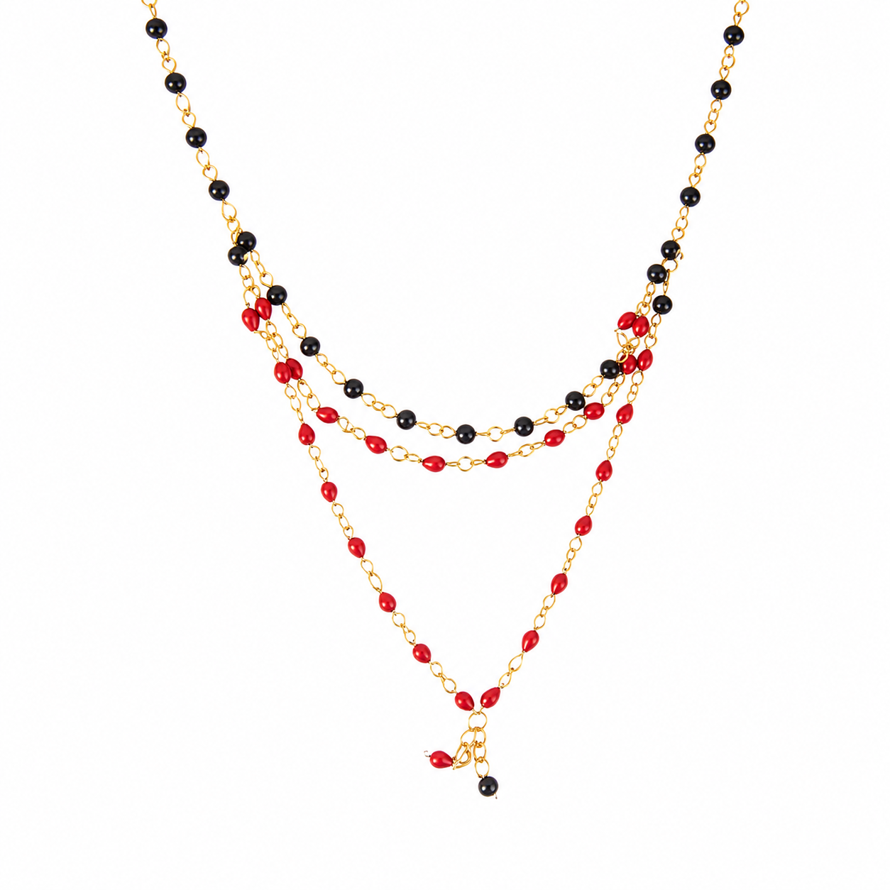 Collar Dark Golden con Cristales Rojos y Esferas Negras de Murano