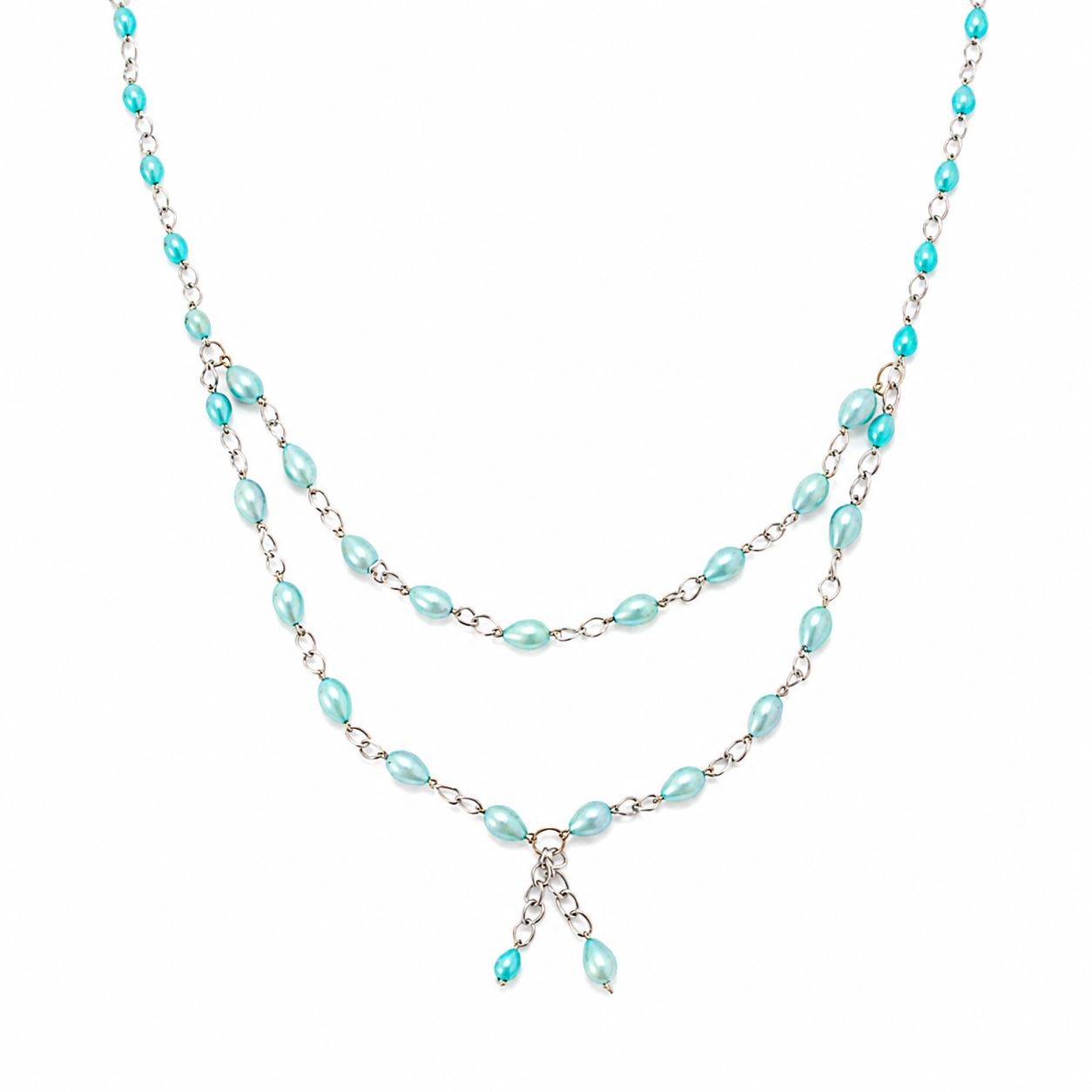 Collar Drop Plated en Piedra Murano Celeste de Doble Caída