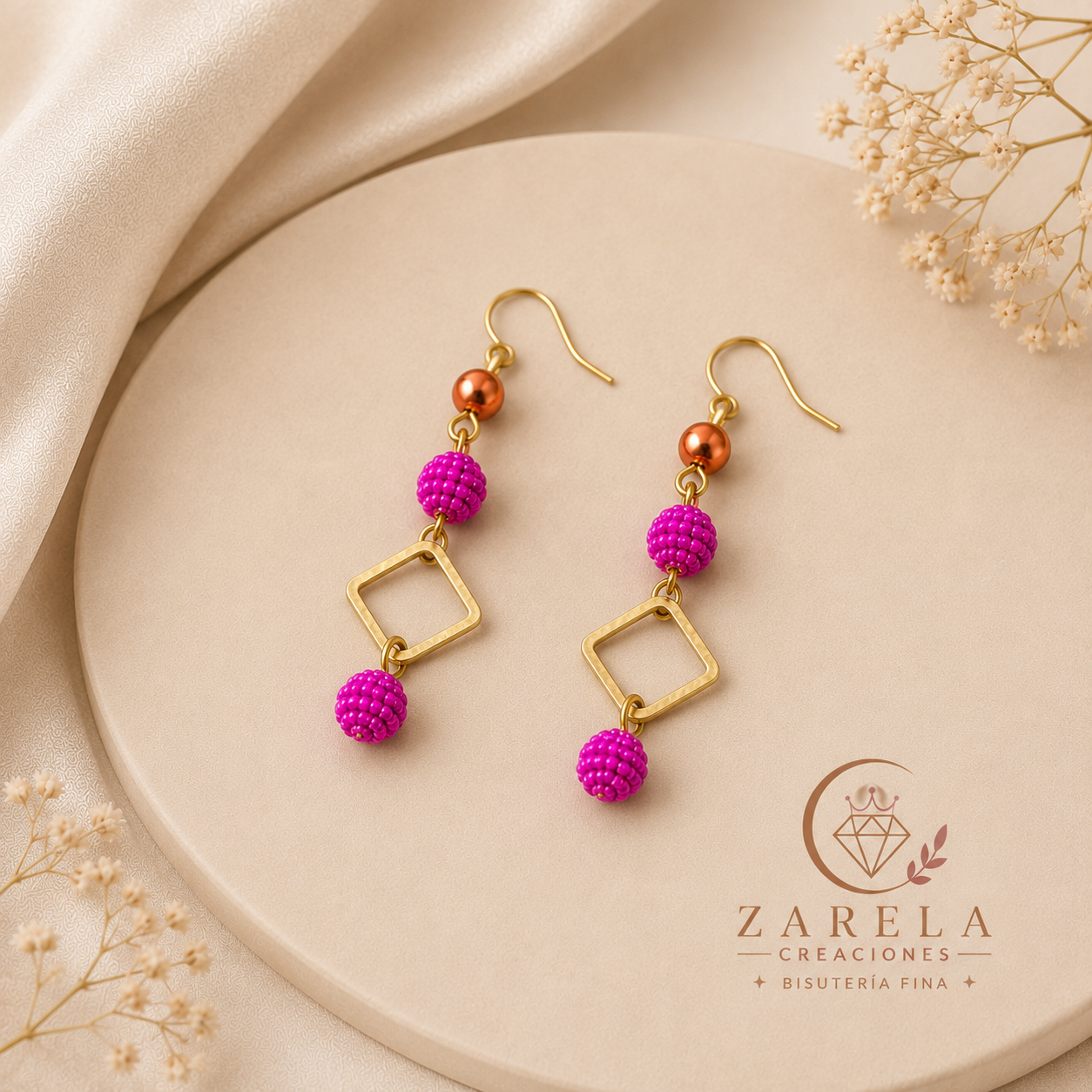 Juego FUCHSIA GOLDEN | Collar, Pulsera y Aretes | Zarela Creaciones