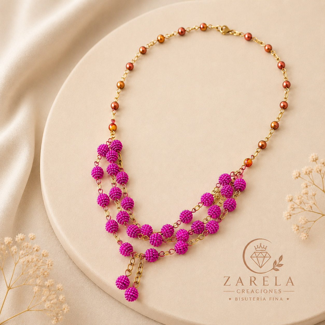 Juego FUCHSIA GOLDEN | Collar, Pulsera y Aretes | Zarela Creaciones