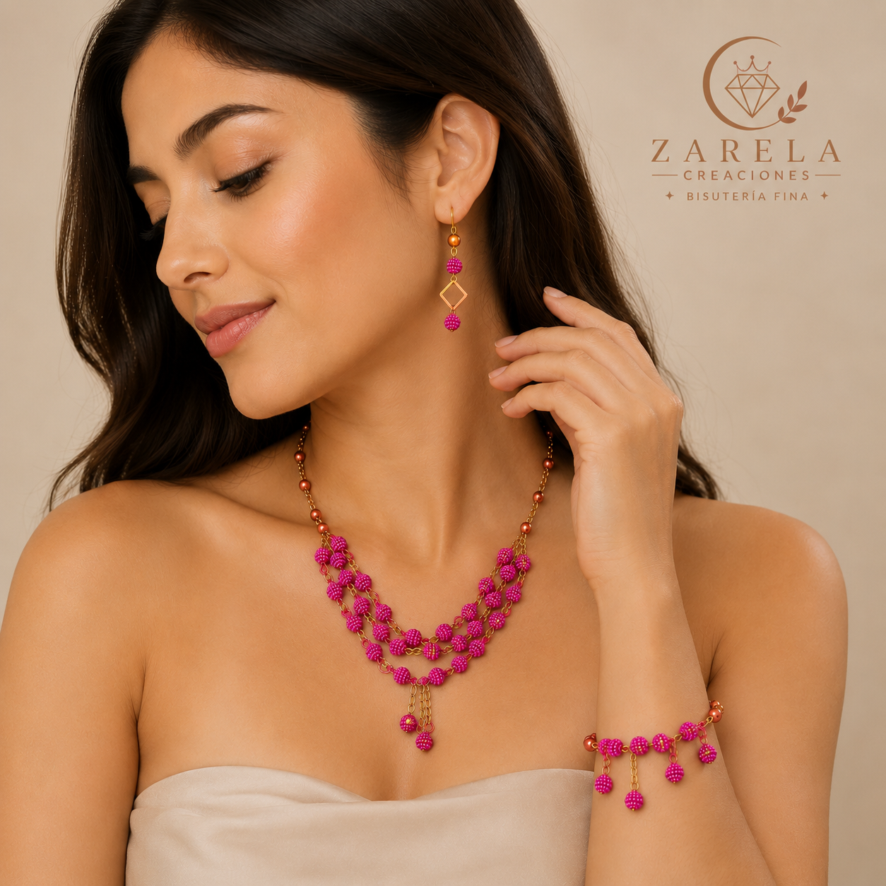 Juego FUCHSIA GOLDEN | Collar, Pulsera y Aretes | Zarela Creaciones