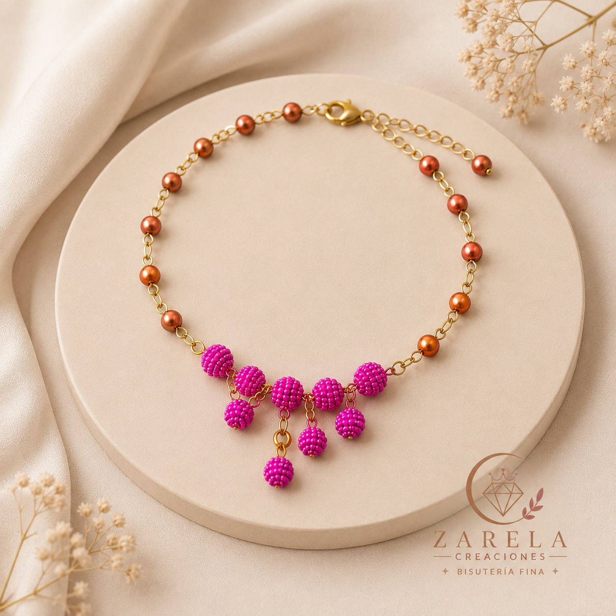 Juego FUCHSIA GOLDEN | Collar, Pulsera y Aretes | Zarela Creaciones