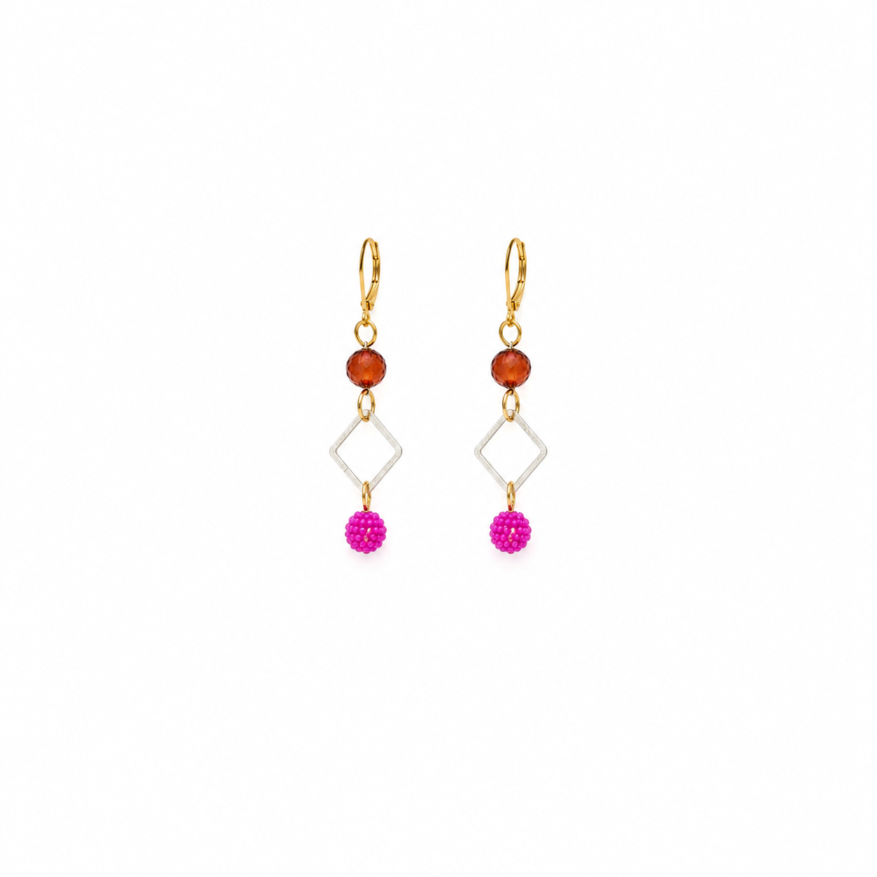 Aretes Fuchsia Golden con Cristales Facetados y Esferas Fucsia Texturizadas