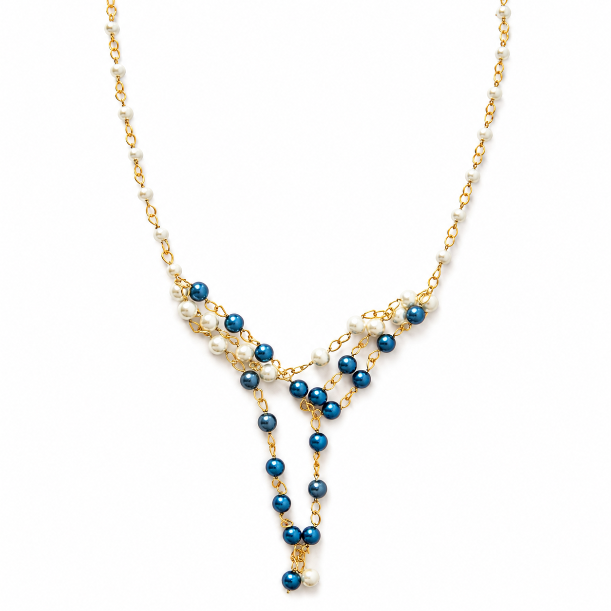 Collar Golden Pearl en Perlas Blancas y Cristales Azul Metalizado