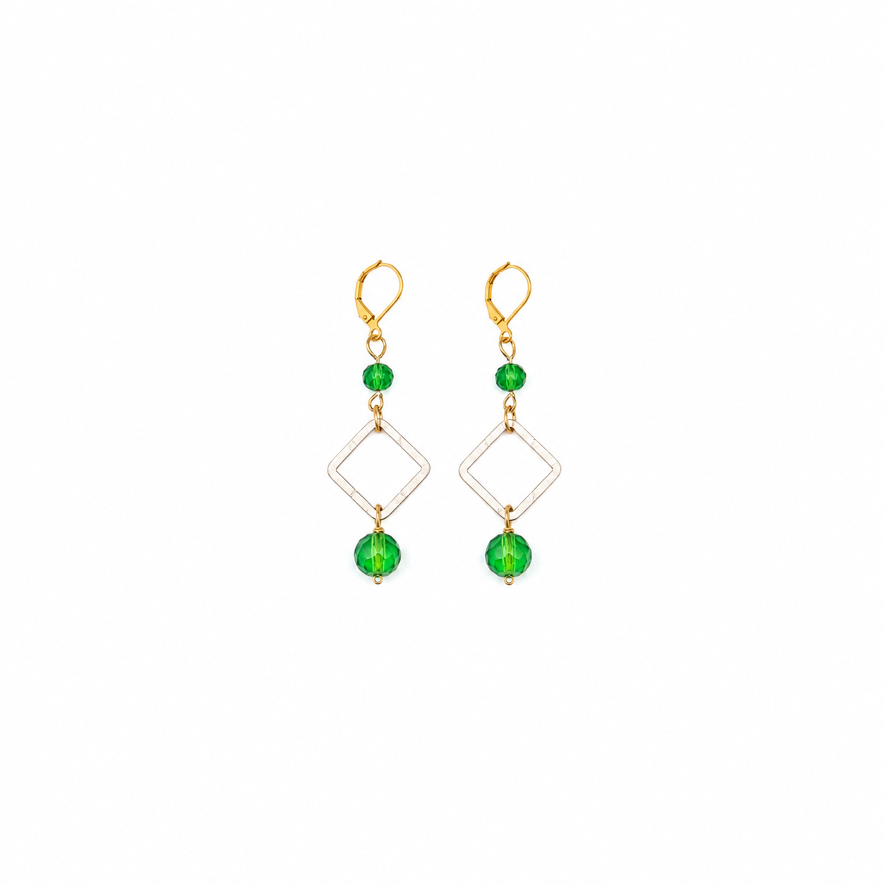 Aretes Green Glitter con Cristales Verdes y Marco Geométrico Dorado