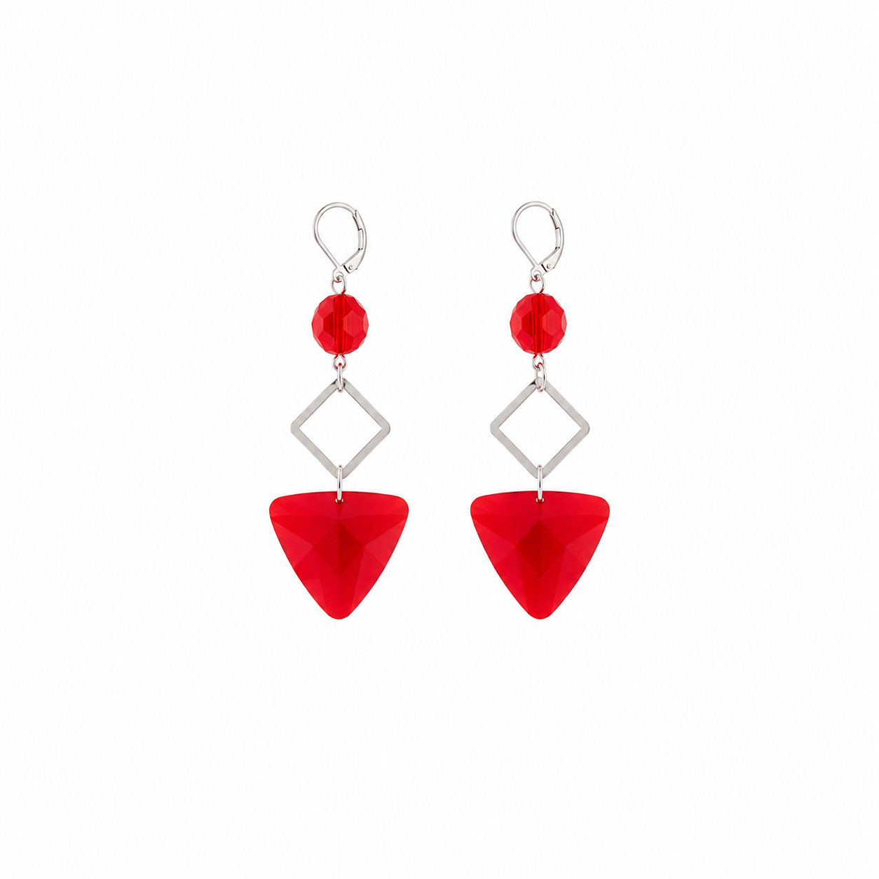 Aretes Heart Red con Cristal Facetado y Colgante Triangular Rojo