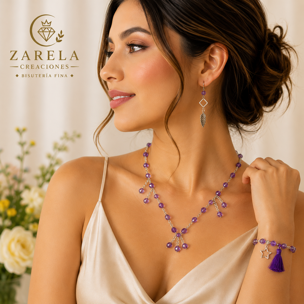 Juego PURPLE DIAMOND | Collar, Pulsera y Aretes | Zarela Creaciones
