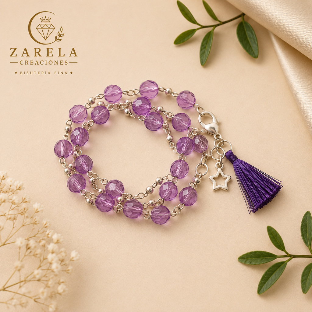 Juego PURPLE DIAMOND | Collar, Pulsera y Aretes | Zarela Creaciones