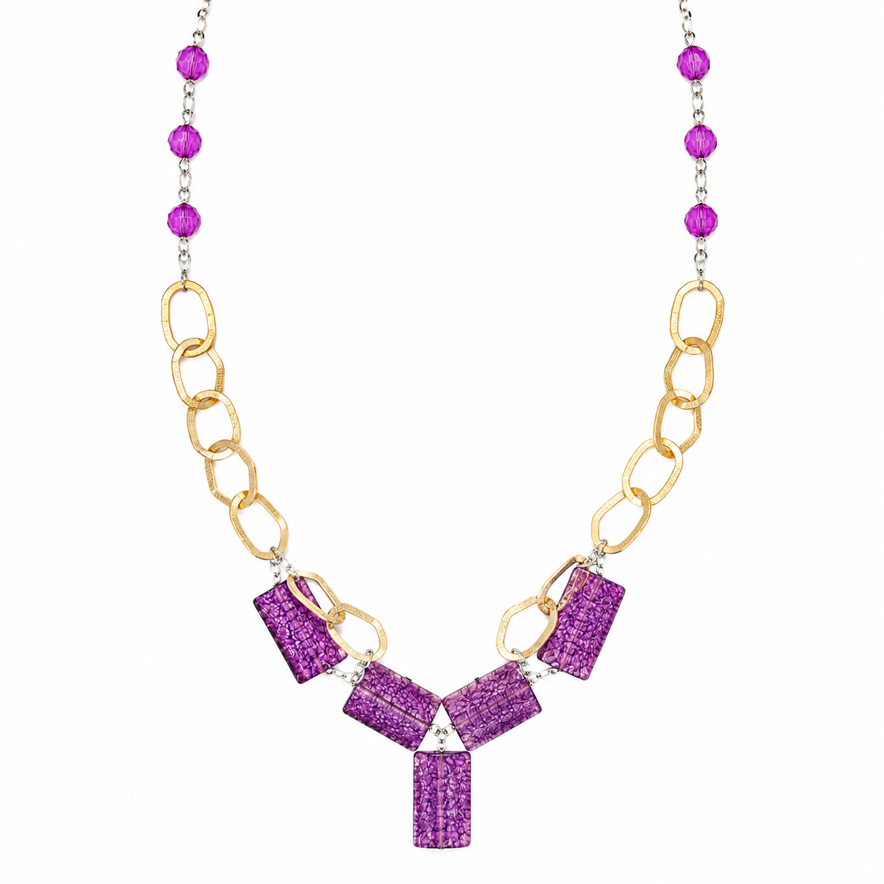 Collar Purple Golden en Piedra Murano Morada y Eslabones Decorativos