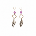 Aretes Purple Stone con Cristal Facetado y Colgante de Hoja Plateada