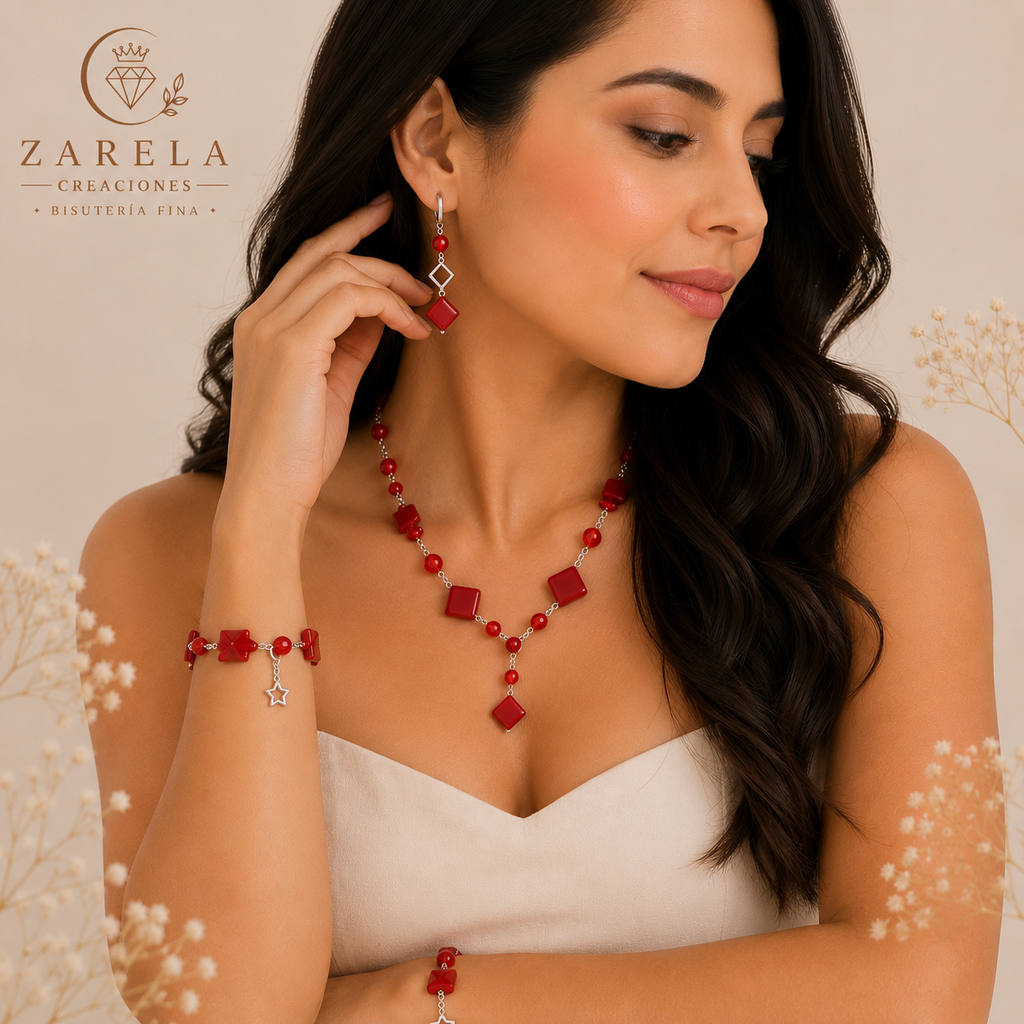 Juego STRAIGHT RED | Collar, Pulsera y Aretes | Zarela Creaciones