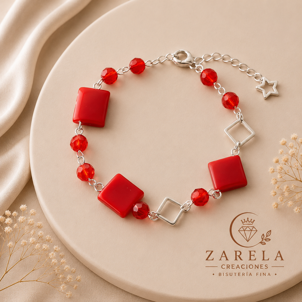 Juego STRAIGHT RED | Collar, Pulsera y Aretes | Zarela Creaciones