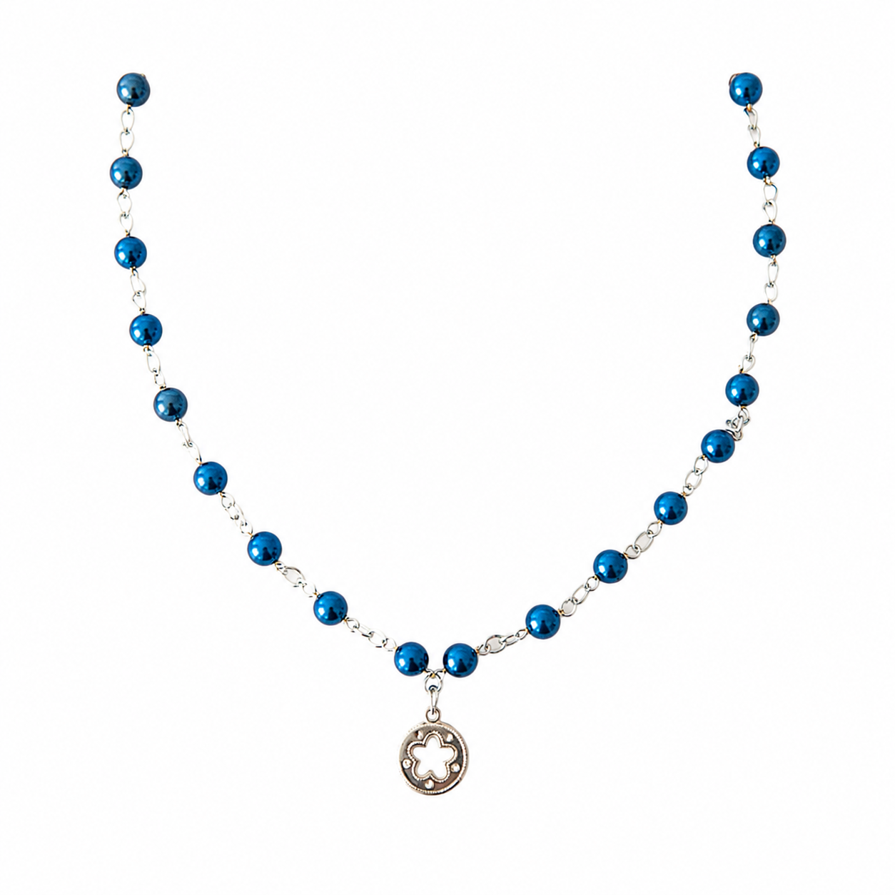 Collar Said Blue con Piedras Murano Azul y Dije Floral Plateado