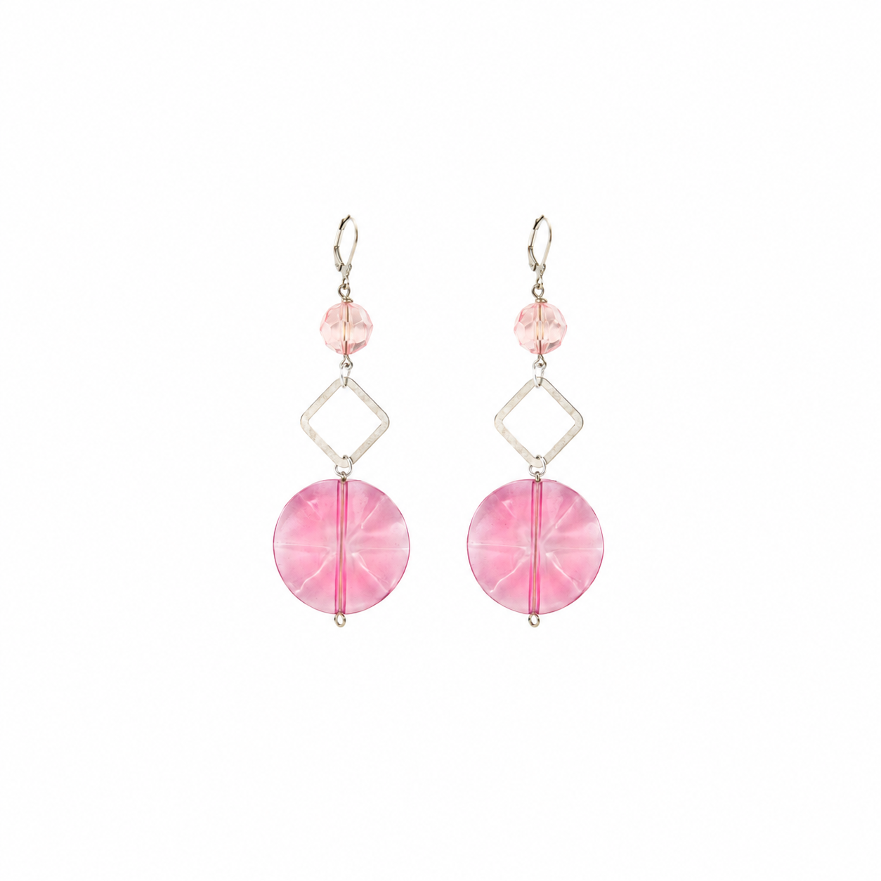 Aretes Stick Flower en Cristal Rosa y Colgante Circular